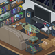 A living room depicted in pixel art, with a TV, game consoles, couch, stereo speakers, shelves, weights, boxes and other things.
